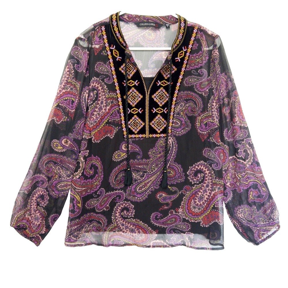 Colleen Lopez Embroidered Velvet Tunic Womens M Sheer Overlay Paisley Tassel Top